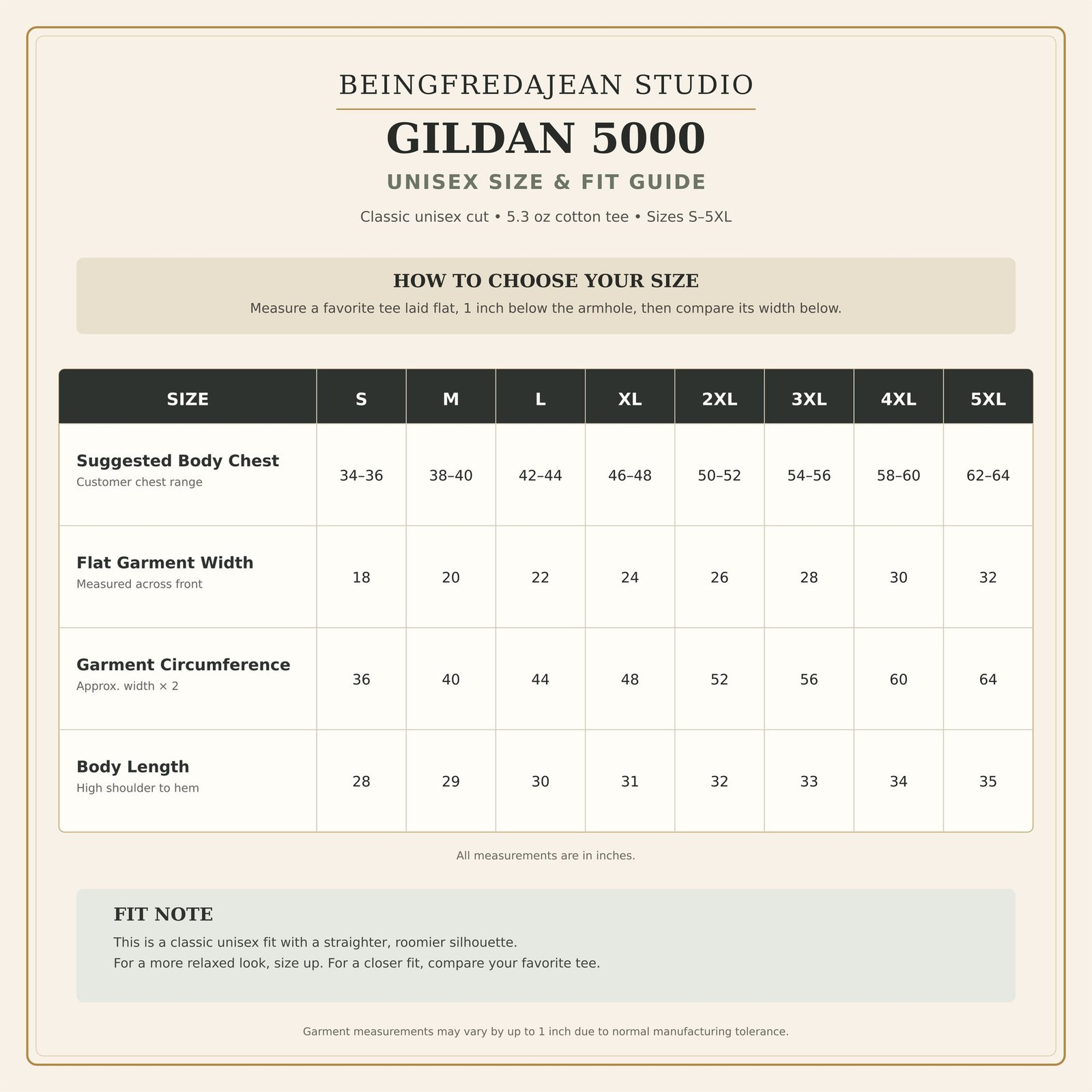 Gildan 5000 unisex size guide for Forever Begins Here collection