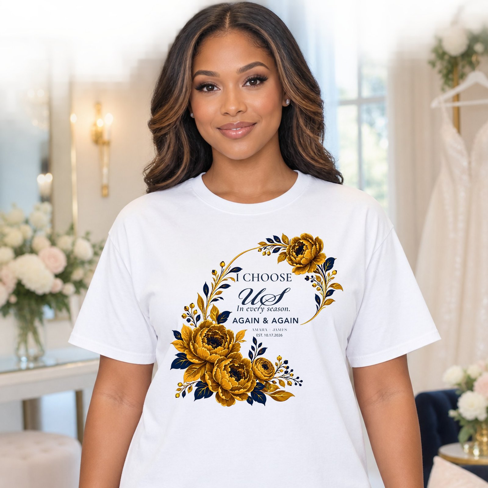 I Choose Us bride shirt on white garment, navy and gold design