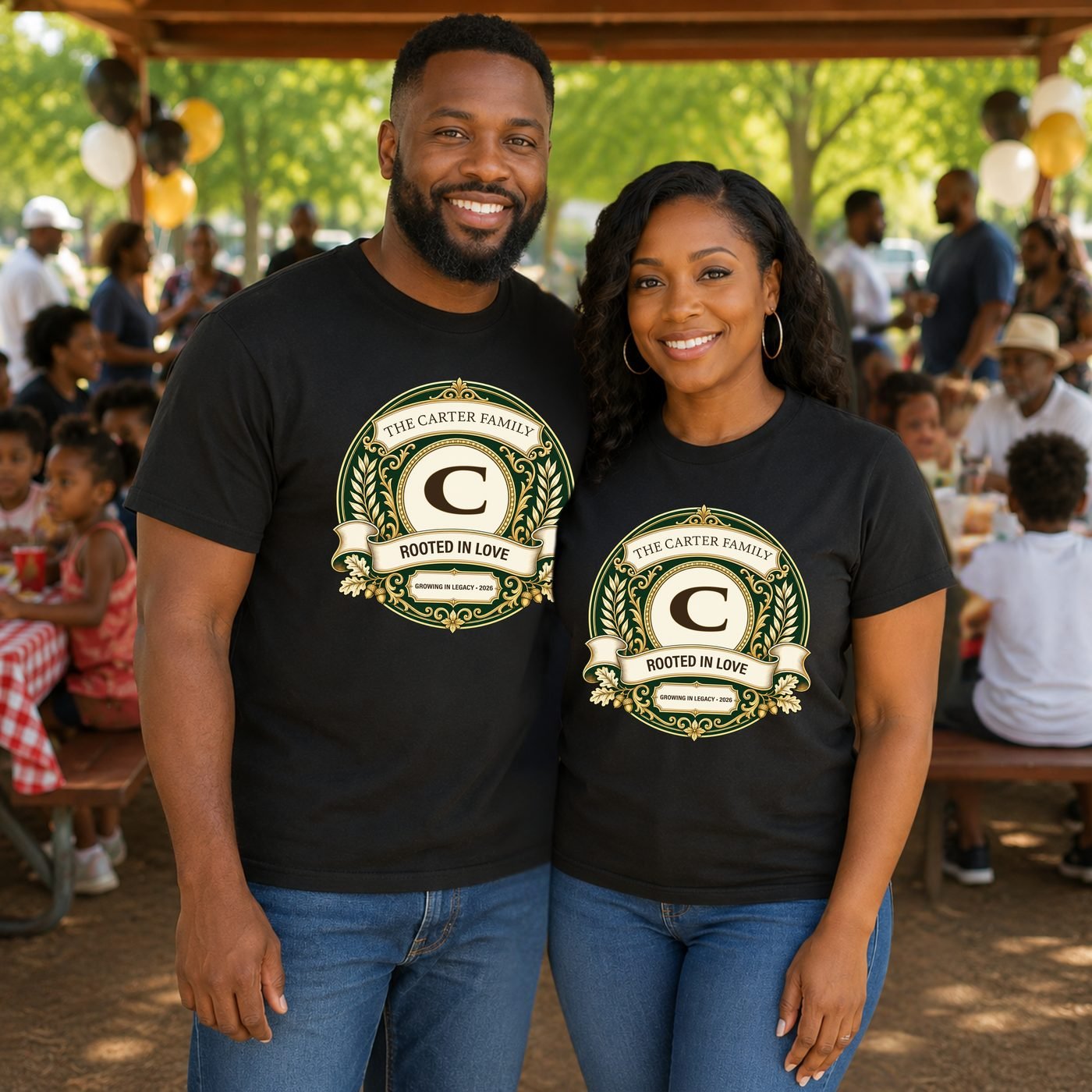 Black couple wearing coordinated black Carter Family Roots and Legacy reunion shirts.